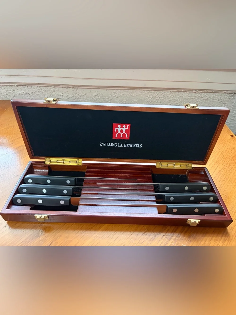 ZWILLING TWIN Gourmet Steak Knives Set of 6 Wood Presentation Case.vintage